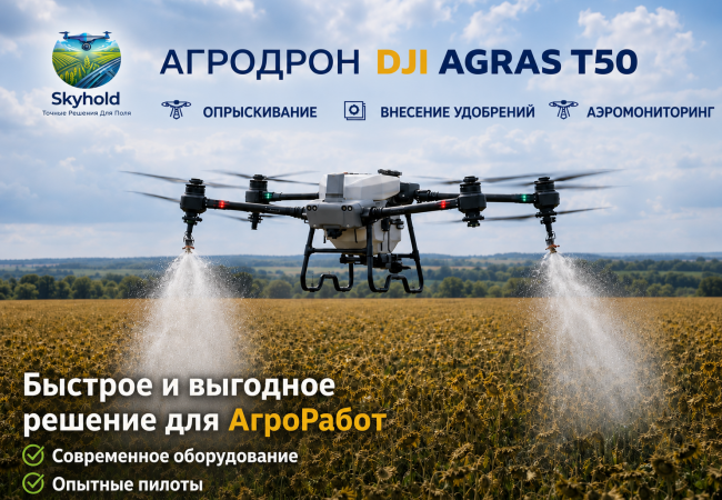 Иллюстрация опрыскивания поля и внесения удобрений агродроном DJI Agras T50